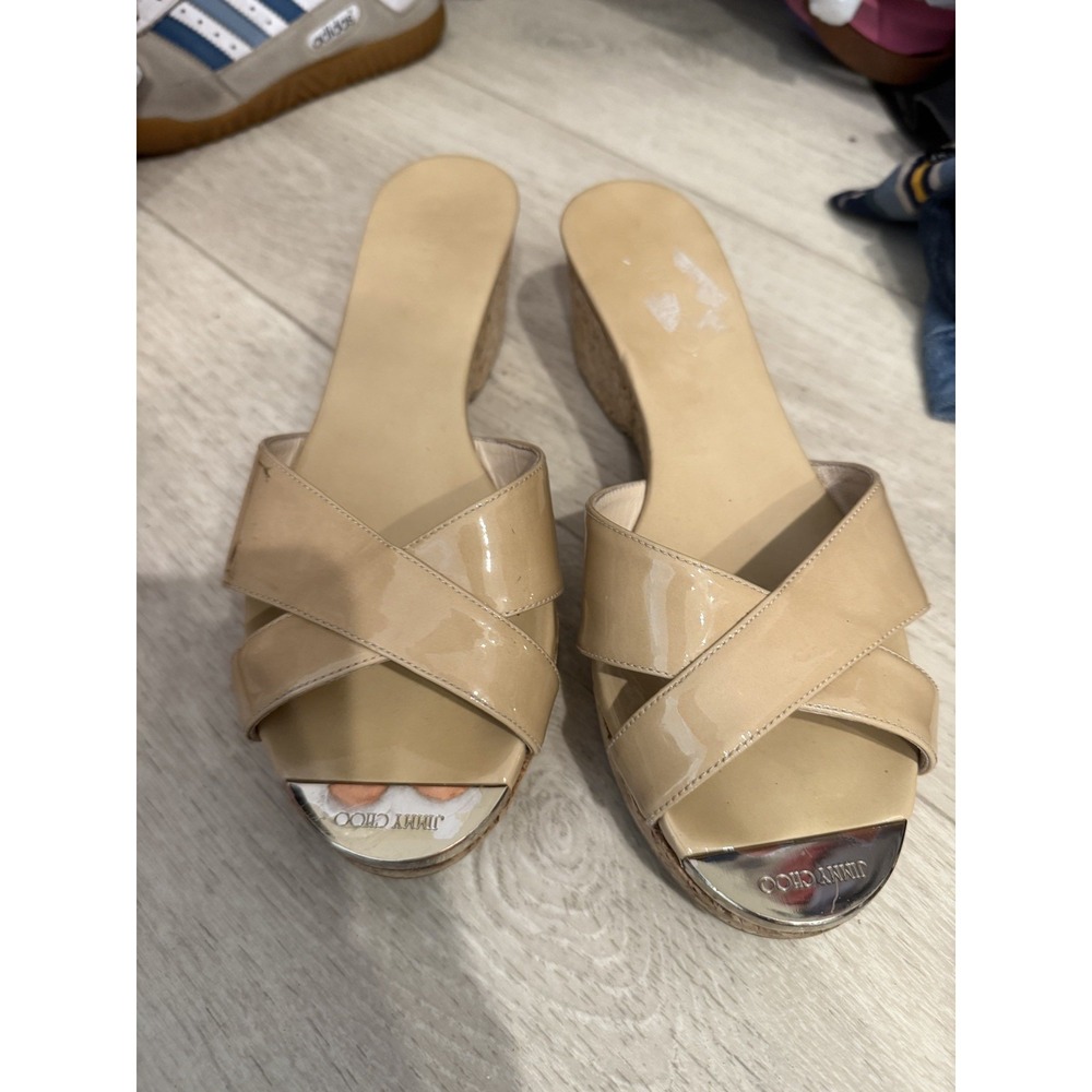 JIMMY CHOO Beige Patent Leather Cork Wedge Mules [US8.5/VG] Limited From JAPAN